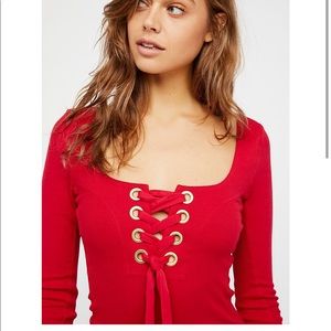 Free People Red Lace Up Top